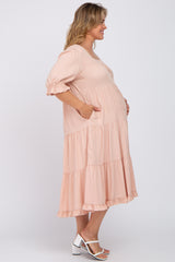 Light Pink Tiered Ruffle Hem Maternity Plus Midi Dress