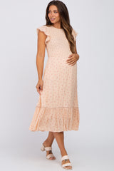 Peach Floral Smocked Ruffle Maternity Midi Dress