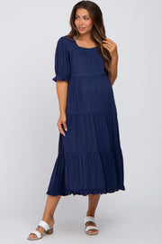 Navy Tiered Ruffle Hem Maternity Midi Dress