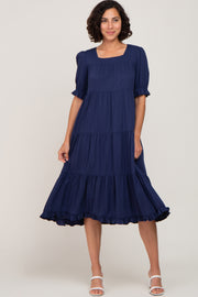 Navy Tiered Ruffle Hem Midi Dress