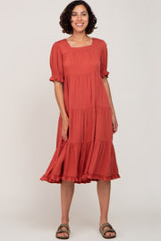 Rust Tiered Ruffle Hem Midi Dress