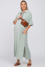 Light Olive Collared Linen Maternity Maxi Dress