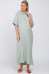 Light Olive Collared Linen Maternity Maxi Dress