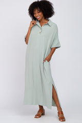 Light Olive Collared Linen Maxi Dress