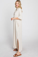 Beige Collared Linen Maxi Dress