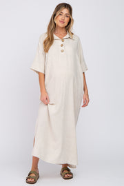 Beige Collared Linen Maternity Maxi Dress