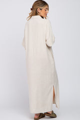 Beige Collared Linen Maternity Maxi Dress