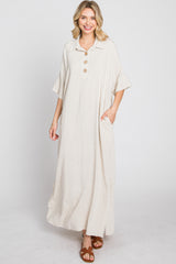 Beige Collared Linen Maxi Dress