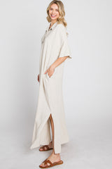 Beige Collared Linen Maxi Dress