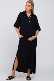 Black Collared Linen Maternity Maxi Dress