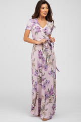 Lavender Floral Waist Tie Wrap Maternity Maxi Dress