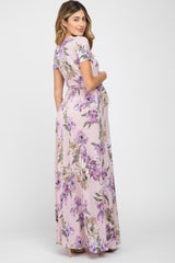 Lavender Floral Waist Tie Wrap Maternity Maxi Dress