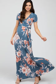 Blue Floral Wrap Maternity/Nursing Maxi Dress