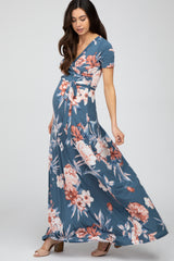 Blue Floral Wrap Maternity/Nursing Maxi Dress