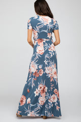 Blue Floral Wrap Maternity/Nursing Maxi Dress