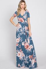 Blue Floral Wrap Nursing Maxi Dress