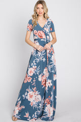 Blue Floral Wrap Nursing Maxi Dress