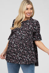 Black Floral Ruffle Mock Neck Babydoll Maternity Top