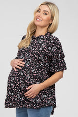 Black Floral Ruffle Mock Neck Babydoll Maternity Top