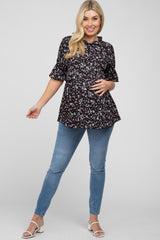 Black Floral Ruffle Mock Neck Babydoll Maternity Top