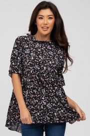 Black Floral Ruffle Mock Neck Babydoll Top