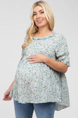 Light Blue Floral Ruffle Mock Neck Babydoll Maternity Top