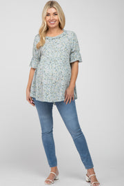 Light Blue Floral Ruffle Mock Neck Babydoll Maternity Top