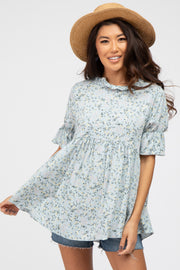 Light Blue Floral Ruffle Mock Neck Babydoll Top