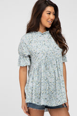 Light Blue Floral Ruffle Mock Neck Babydoll Top