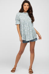 Light Blue Floral Ruffle Mock Neck Babydoll Top