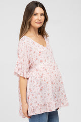 Pink Floral Ruffle V-Neck Maternity Top