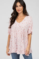 Pink Floral Ruffle V-Neck Maternity Top