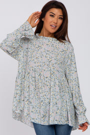 Light Blue Floral Ruffle Mock Neck Babydoll Blouse