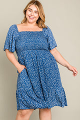 Blue Floral Smocked Maternity Plus Dress