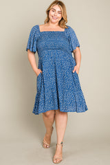 Blue Floral Smocked Plus Dress