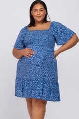 Blue Floral Smocked Maternity Plus Dress