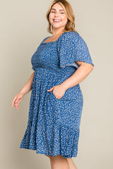 Blue Floral Smocked Plus Dress