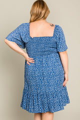 Blue Floral Smocked Plus Dress