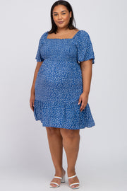 Blue Floral Smocked Maternity Plus Dress