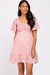 Mauve Gingham Print Smocked Maternity Dress