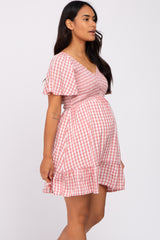 Mauve Gingham Print Smocked Maternity Dress