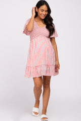 Mauve Gingham Print Smocked Maternity Dress