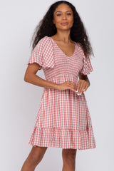 Mauve Gingham Print Smocked Maternity Dress