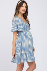 Blue Gingham Print Smocked Maternity Dress