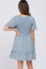 Blue Gingham Print Smocked Maternity Dress