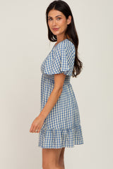 Blue Gingham Print Smocked Dress