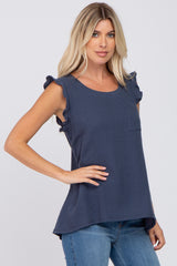 Navy Sleeveless Ruffle Pocket Front Top