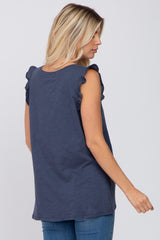 Navy Sleeveless Ruffle Pocket Front Top