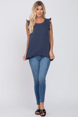 Navy Sleeveless Ruffle Pocket Front Top