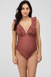 Brown Ruffle One-Piece Maternity Swimsuit